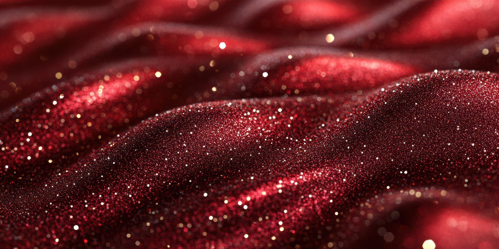 Shimmering red fabric waves adorned with glimmering particles under soft light in a warm atmosphere